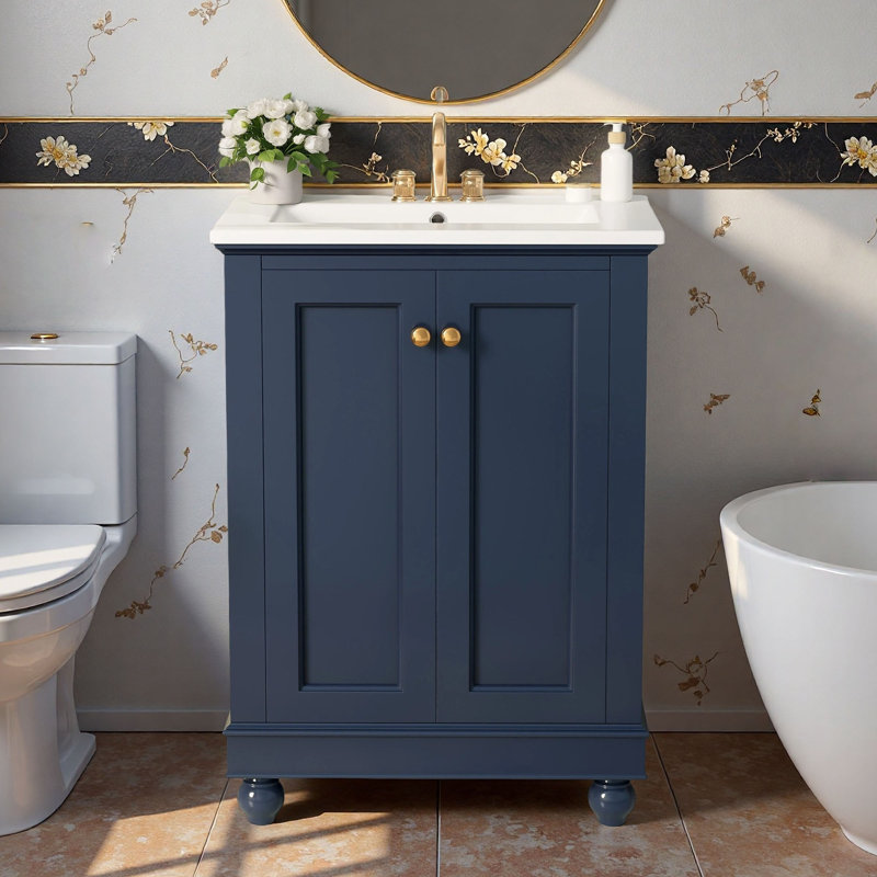Meuble-lavabo simple autoportant 24 po avec plateau en céramique et tablette réglable 24 po, Bleu