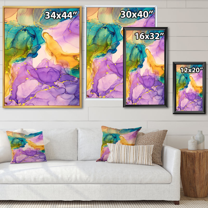 «Mauve, jaune et vert», reproduction d'art sur toile, Cadre flottant blanc, H 32 po x l 24 po