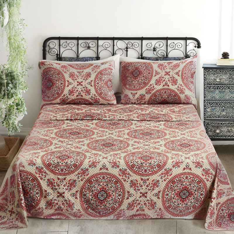 Percale Floral Flat Sheet, Twin Sheet Set + Fitted Sheet + 1 Pillowcase