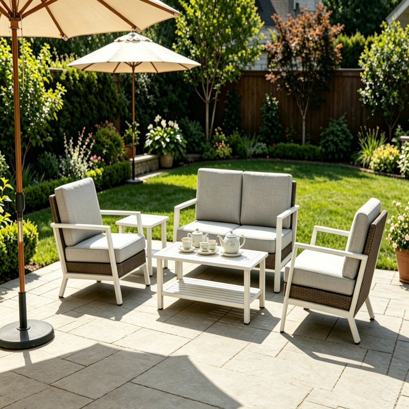 Ensemble de meubles de patio en aluminium 5 pièces, ensemble de conversation extérieur en rotin PE avec causeuse, chaises, table basse et table d'appoint à 2 niveaux, ensemble de conversation de jardin résistant aux intempéries avec coussins moelleux