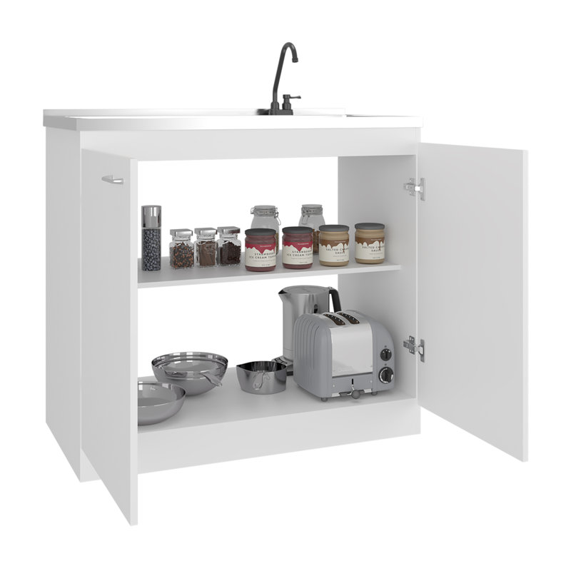 Napoles Utility Sink With Faucet Inclued And Integrated Steel Counter Top, Freestanding Cabinet With Two Doors, Metal Handles And Two Interior Shelves.