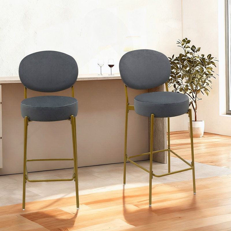 Ensemble de 2 tabourets de bar rembourrés d'intérieur en bois, finition noyer foncé et ivoire, ensemble de 2, Gris / tissu