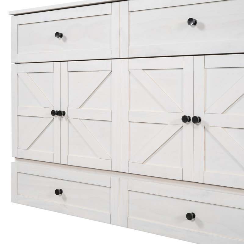 Grand lit blanc brossé avec ports et tiroirs efficaces. Faites de l'espace pour le confort. Capacité de 450 livres. Assemblage requis. Matelas non inclus. Économisez efficacement.