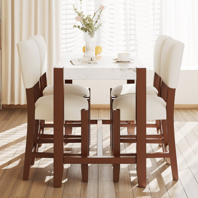 5-Piece Counter Height Dining Table Set for 4, Faux Marble Bar Table and 4 Upholstered-Seat Chairs, Mid-century Modern Dining Set for Dining Room, Pub