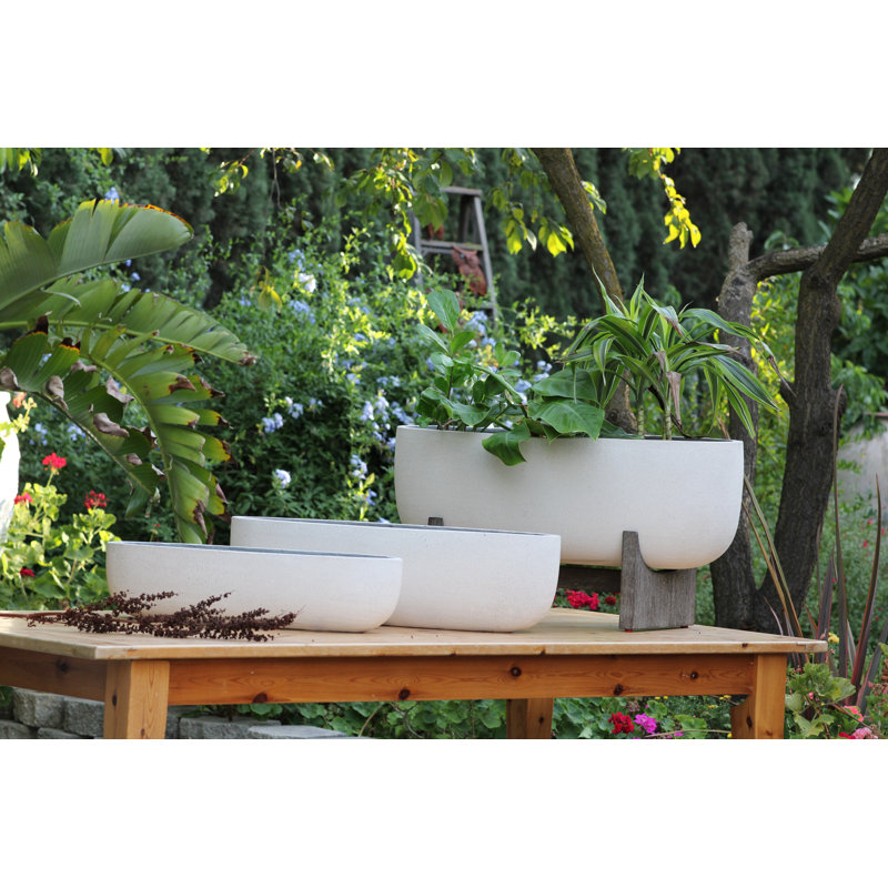 Jardinière ovale vénitienne avec support en bois d'acacia, très grande, légère, en fibre de verre, lot de 3 - Intérieur/Extérieur