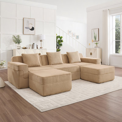 Modular 3 Seat U_Shape Sectional Boneless Sofa, Cloud Sectional Couch With Deep Seat, Modular 3-Seat Sofa Couch With Pillows And 2 Movable Ottomans, Corduroy Fabric