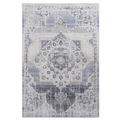 Non-Shedding Area Rug With Cream/Blue Medallion, Stain , For Bedroom, 0.28" Pile Stylish Medallion Rug, And Home Use, Living Room Bedroom Dining Office,