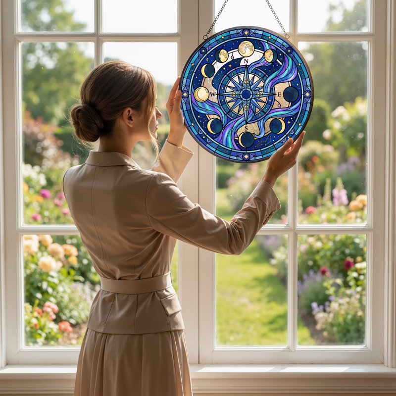 Moon Phase Stained Glass Window Panel，12"H, 12"H