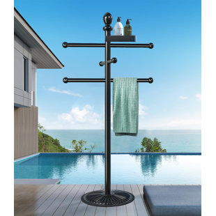 Pool Outdoor Towel Rack, 6 Bars With Top Tray Metal Heavy Duty Pool Accessories With Heavy Metal Base, Hot Tub Accessories Towel Dying Rack Towel Stand For Pool, Hot Tub Etc