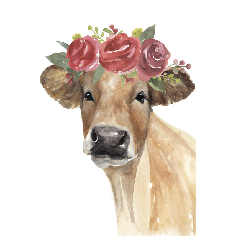 Flowered Cow II by Annie Warren - Painting on Canvas, Black Floater Framed, 46cm H x 30cm W