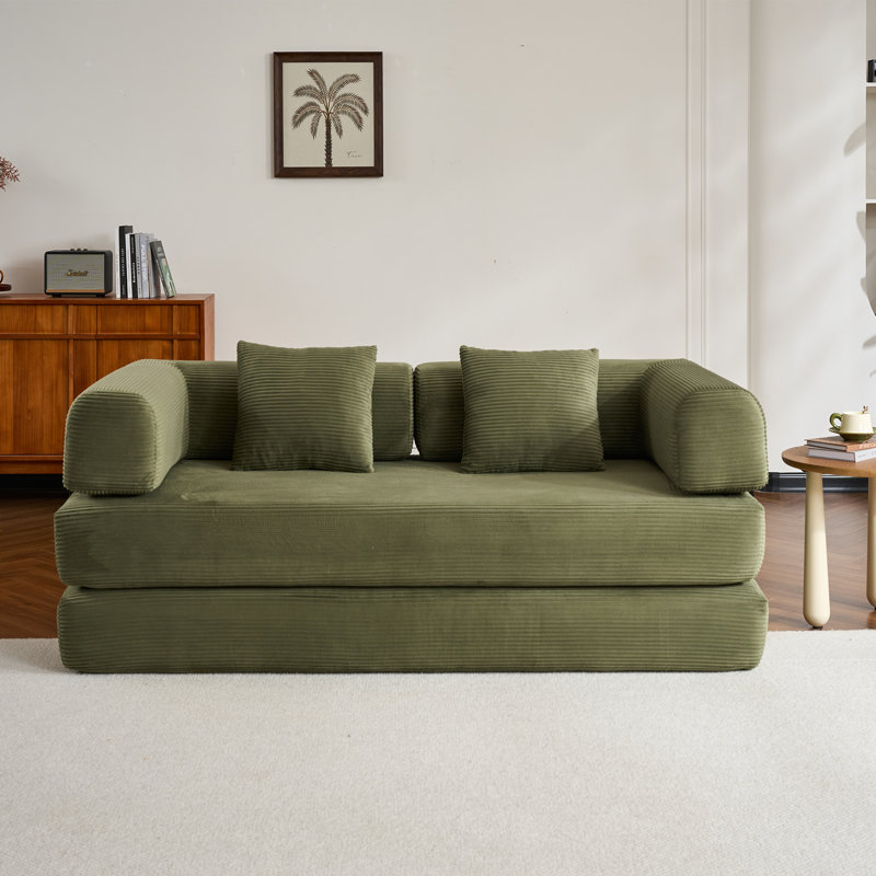  4-in-1 Convertible Compressed Sleeper Sofa Bed, Skin-Friendly Corduroy Fold Out Couch with 33D High Density Sponge, Reinforced Metal Frame No Assembly Sofa in a Box for Small Apartment