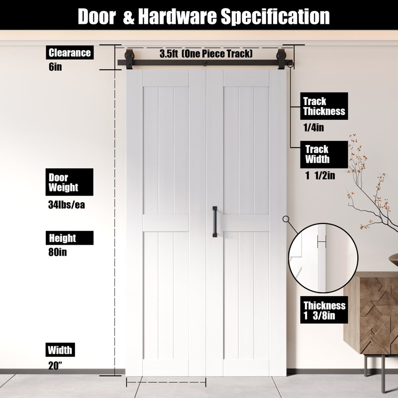 Porte de grange blanche non assemblée et finie de 80 po de hauteur, deux portes de 20 po x 80 po avec quincaillerie de fixation supérieure pliable Homacer