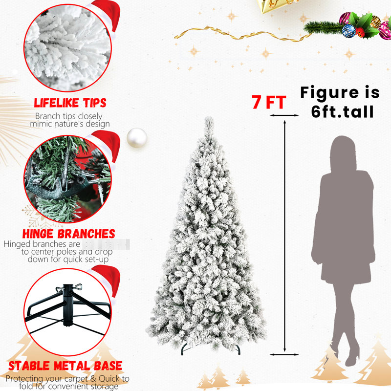 Arbre enneigé 7,5 pi avec 1252 pointes, branches enneigées et dures, conception à charnières pour un assemblage rapide, présentoirs en métal stables, structure enneigée, fiable et saisonnier