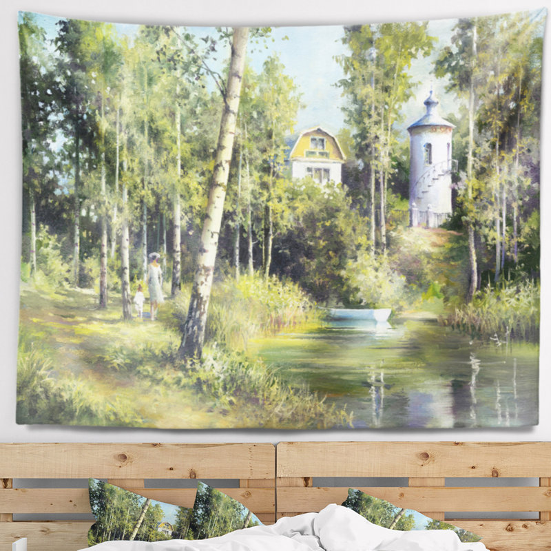 Paysage de la rivière dans la tapisserie de printemps, H 50 po x l 60 po