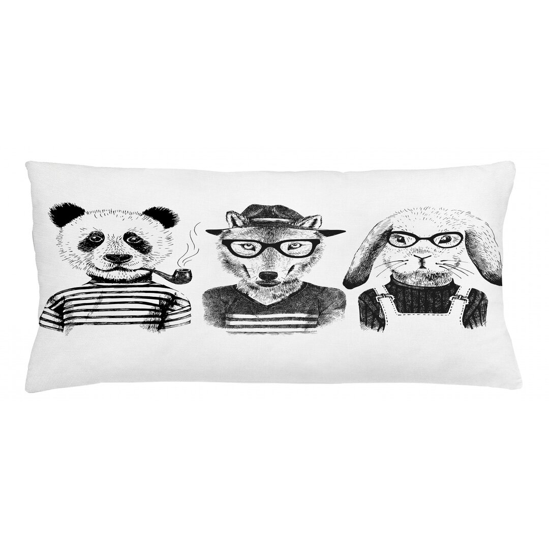 Kissenbezug, Hipster Panda Zigarre Fox, Tier, Schwarz Weiß Grau