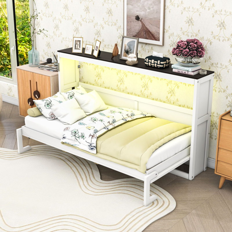 Lit escamotable simple avec lumière DEL, Blanc, brun