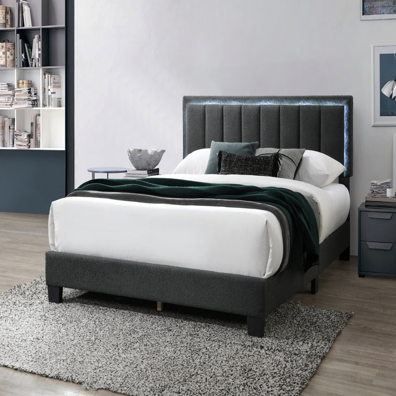 Lit 1pc grand lit en tissu de laine capitonné avec cadre de lit double à DEL, Gris anthracite