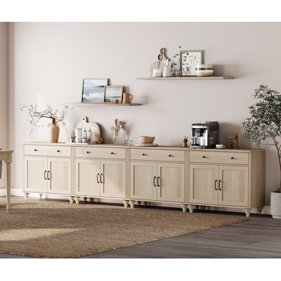 Armoire-buffet de style campagne moderne de 136 po avec 8 portes et 4 tiroirs, 4 grandes tables basses avec beaucoup de rangement,