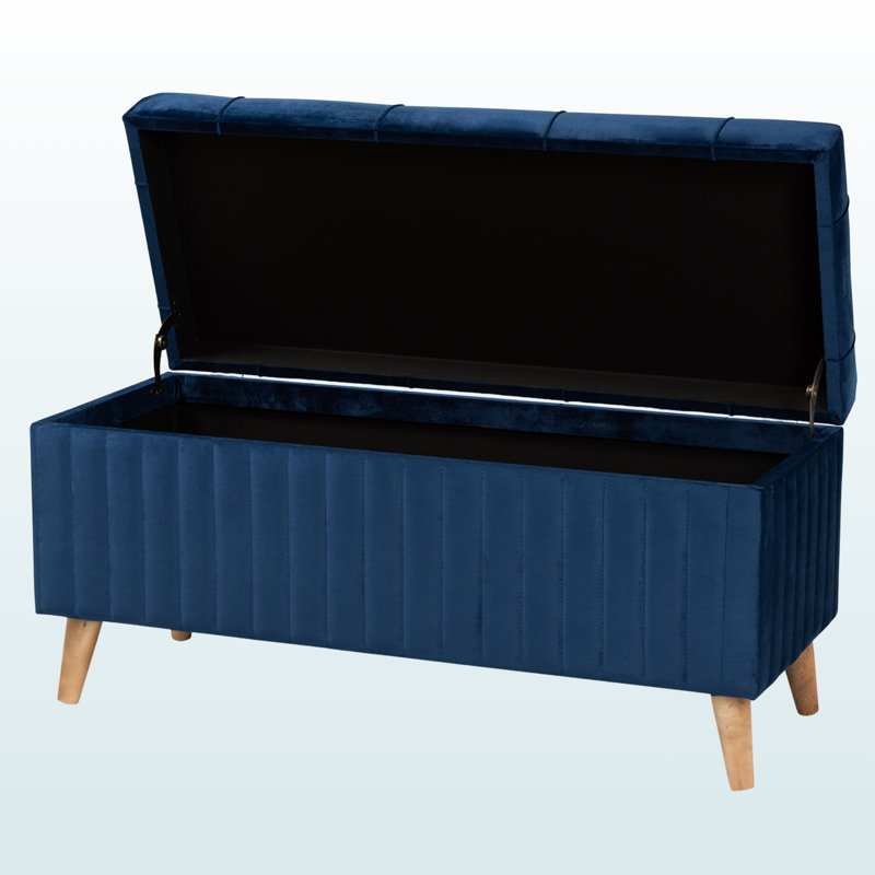 Repose-pieds rembourré en tissu bleu marine avec finition brune Runa, H 18,79 po x l 39,18 po x P 16,32 po Runa