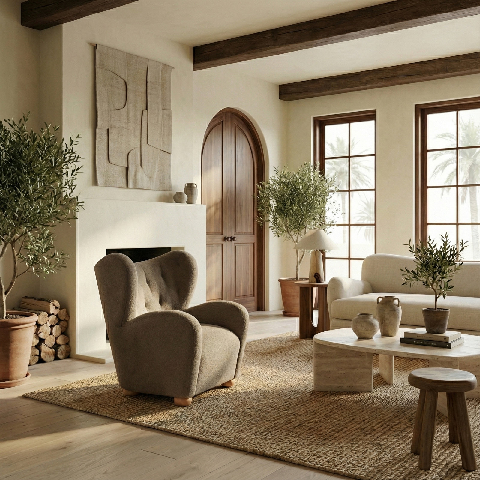 Levin Wingback Chair, Brown Faux Shearling
