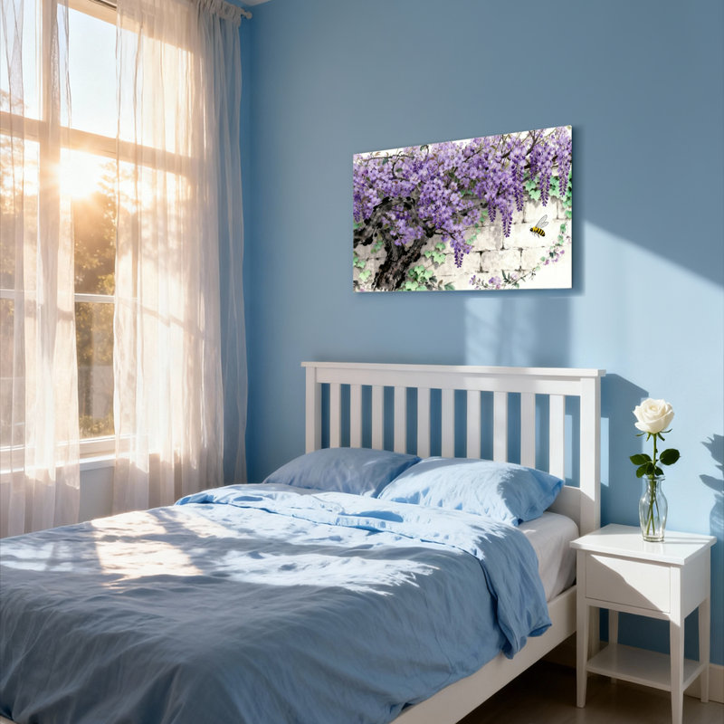 Ensemble de 1 tableau sur toile tendue représentant une glycine et une abeille, H 12 po x l 18 po