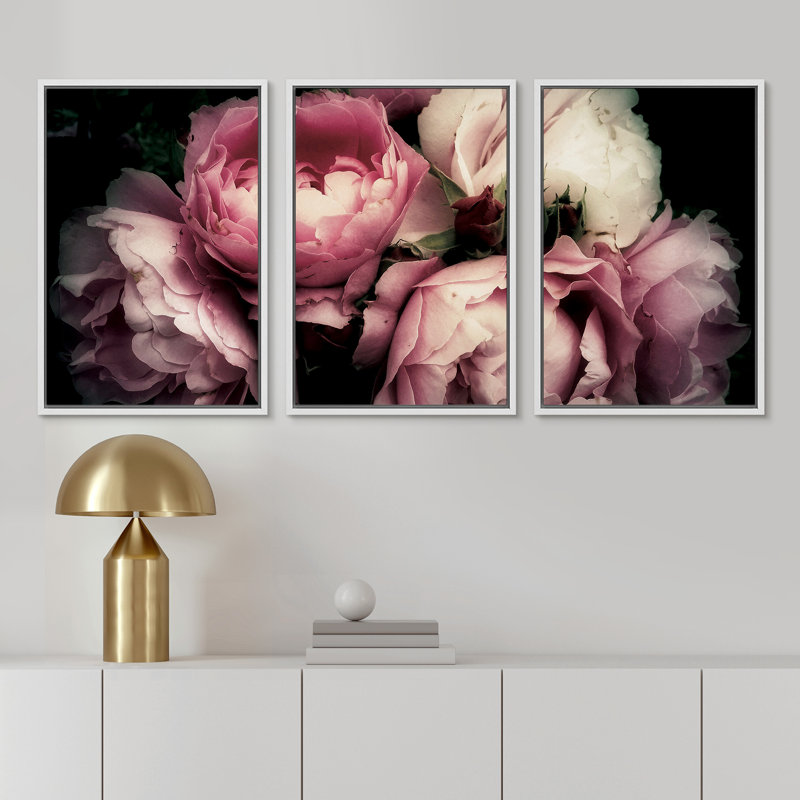 Large Framed Geometric Pink and White Peony Canvas Print Set