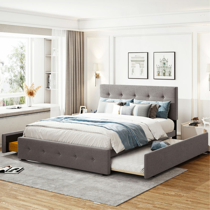 Lit plateforme tapissier avec 2 tiroirs et 1 lit gigogne simple TG, tissu de lin, grand lit - gris clair