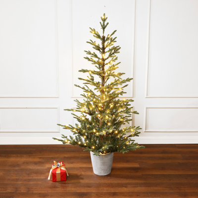 5.5Ft Pre-Lit Green Artificial Fir Christmas Tree with Round Planter Pot