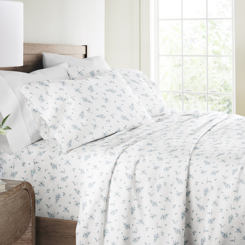 Ensemble de draps 100% satin de coton, Bouquet bleu clair Bliss, Ensemble de draps pour grand lit avec 2 taies d'or