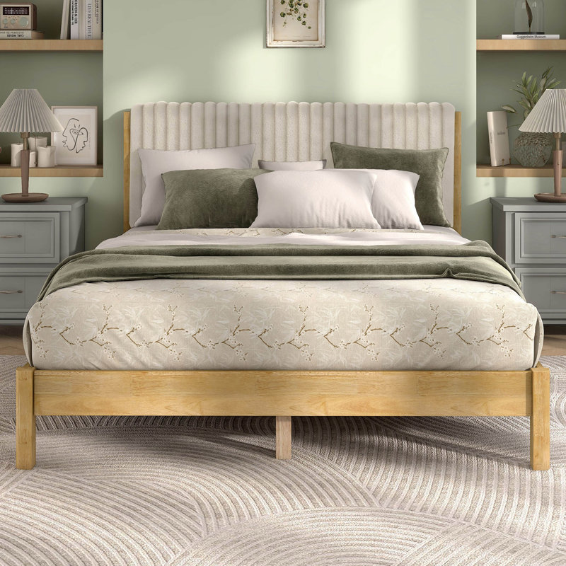 Casondra Upholstered Platform Bed, Natural Wood