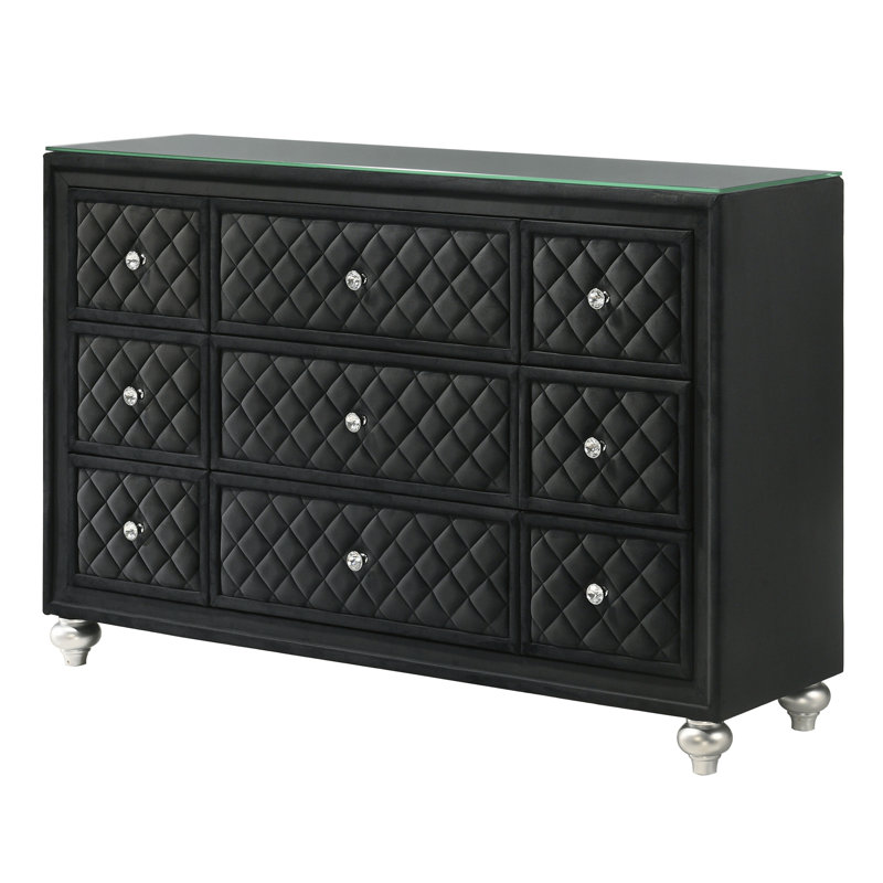 Commode 1 pièce en velours noir à neuf tiroirs avec accents touffetés au diamant et boutons en faux cristal