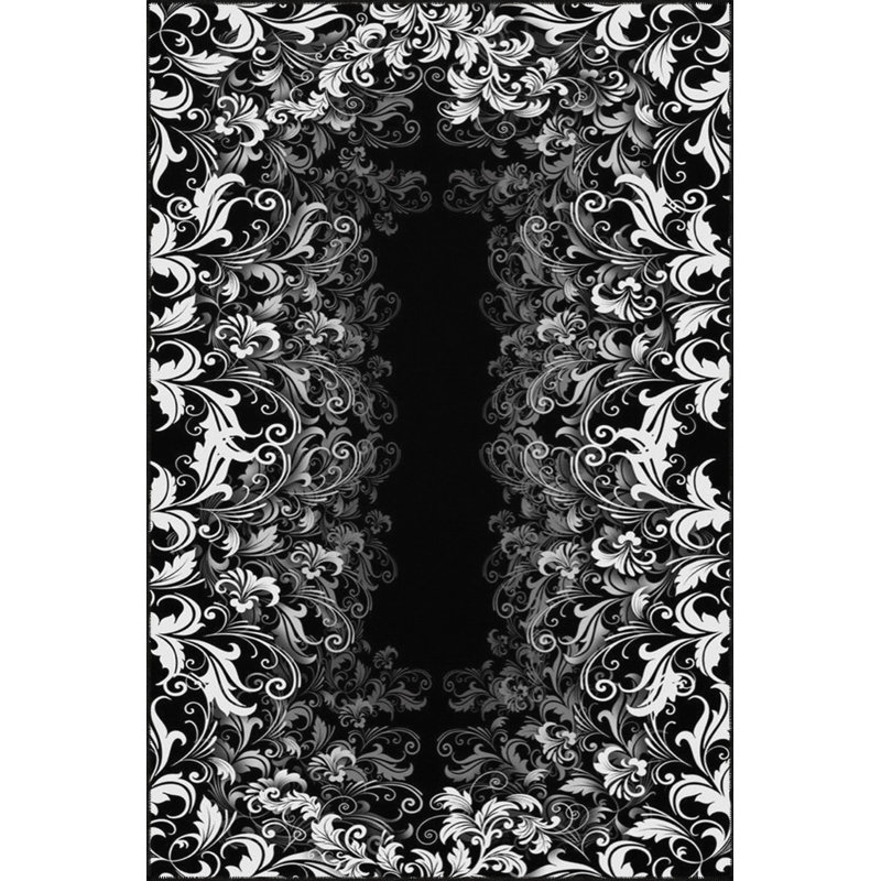 Tapis tissé à motif floral noir et blanc lavable, Sous-tapis rectangulaire 5 pi 1 po x 7 pi 7 po inc