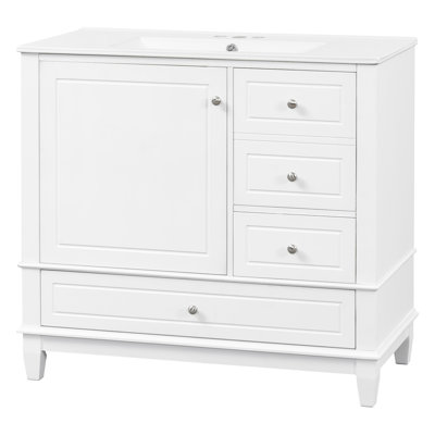 Meuble-lavabo de 36 po avec lavabo en céramique, panneau de fibres à densité moyenne et base en bois massif, 3 tiroirs et armoire avec tablettes, finition peinte en blanc, meuble-lavabo autoportant avec trous de robinet de 4 pouces