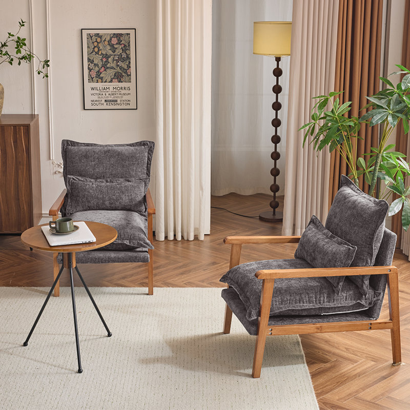 2Pcs Chenille Accent Chair Armchair With Pillow, Gray