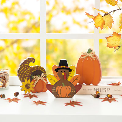 Hand-finished 3-Piece 7" H Wood Pumpkin Turkey and Cornucopia Set