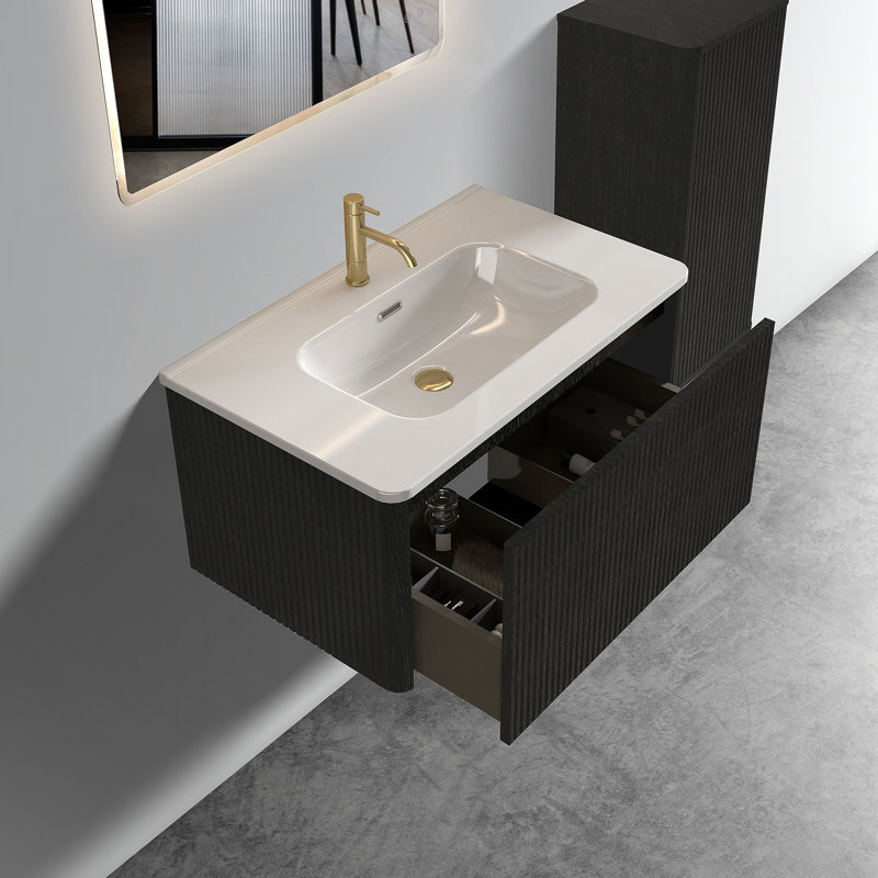 Meuble-lavabo flottant mural 30 po avec lavabo en céramique, Noir, 29.9"