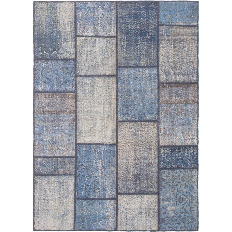 Tapis de surface en laine bleu/gris 5 pi 7 po x 7 pi 10 po one-of-kind à la main-noué la 1980 Costello