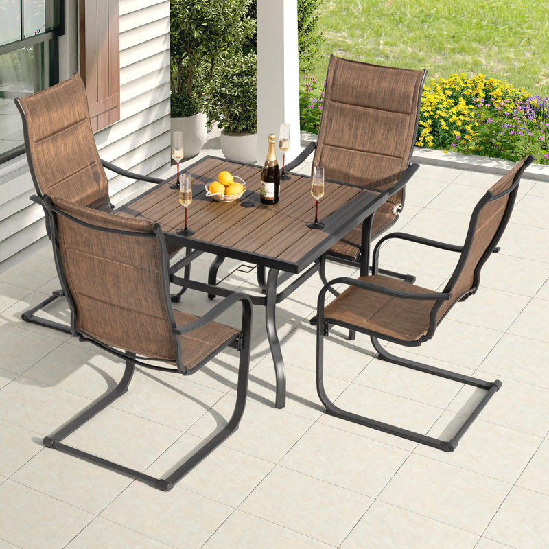 5pcs Patio Dining Set With Faux Wood Top, Padded PVC-coated polyester C-spring Chairs