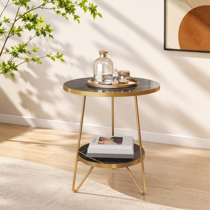 Table d'appoint et table de chevet moderne à deux niveaux ronde en faux marbre et veine dorée noire
