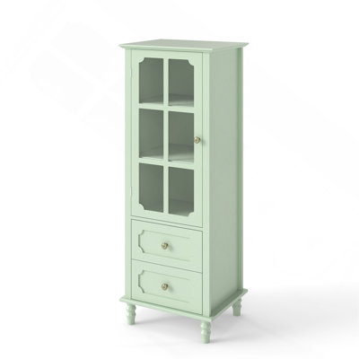 Buffet moderne de 132 cm de haut avec portes en verre trempé et tiroir de rangement, meuble vitrine étroit avec pieds en bois massif pour salon, salle à manger et entrée, vert menthe