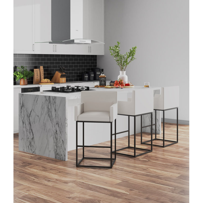 Ambassador Mid-Century Modern Vegan Leather Upholstered Metal Bar Stool in Cream, Cream, Bar Stool (30" Seat Height)