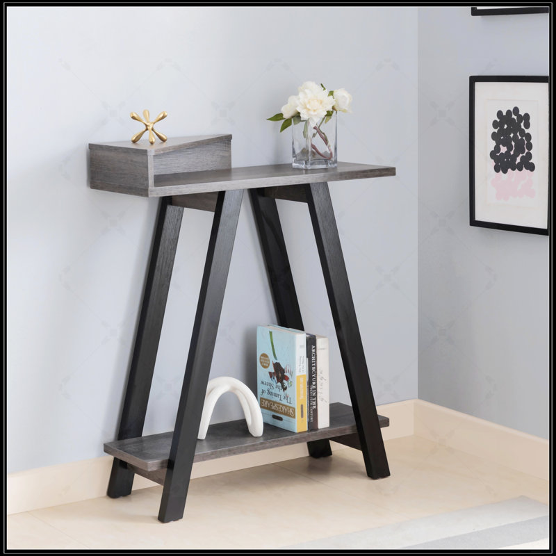 Console contemporaine à deux tons avec deux tablettes, parfaite pour un décor moderne et un rangement peu encombrant, noir et gris
