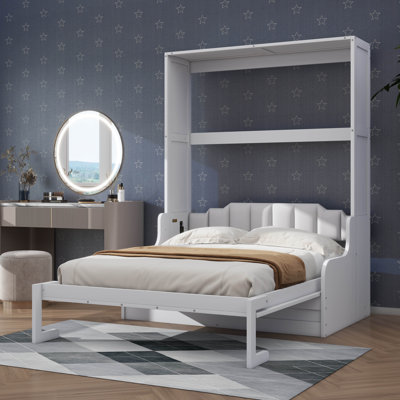 Grand lit escamotable mural avec coussin, cadre de lit pliable en bois convertible en canapé