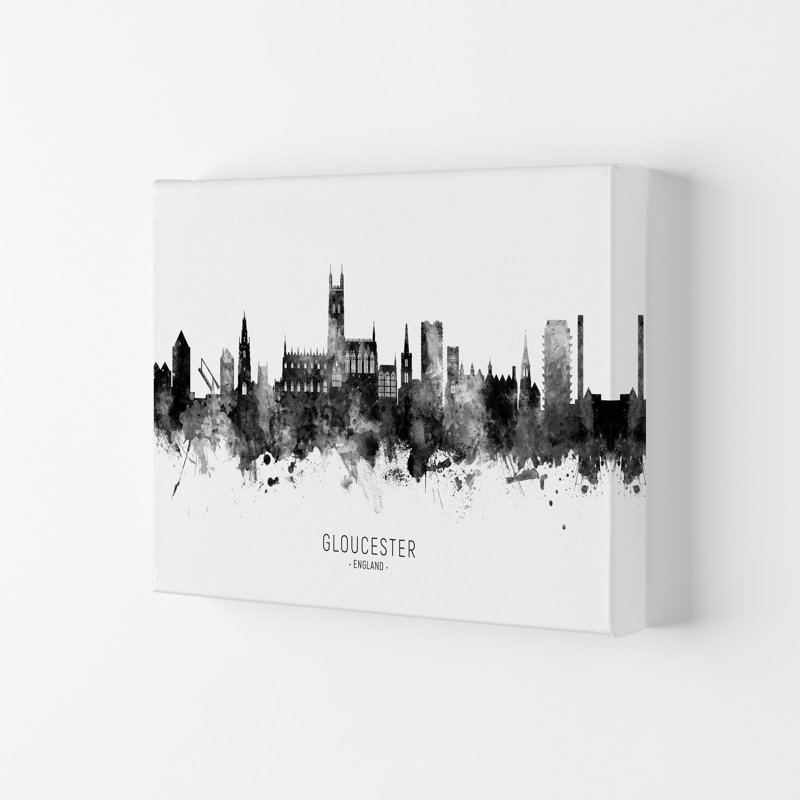 Gloucester England Skyline Black White City Name by Michael Tompsett - Print, 59.4cm H x 84cm W x 4cm D, Wrapped Canvas