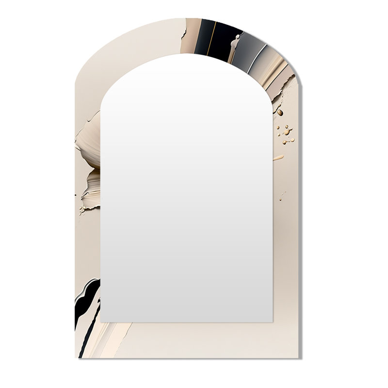 Beige orchidée fleurs hyperréaliste IV - grand miroir en arche d'orchidée, décor de miroir mural asymétrique traditionnel, impression d'art en métal