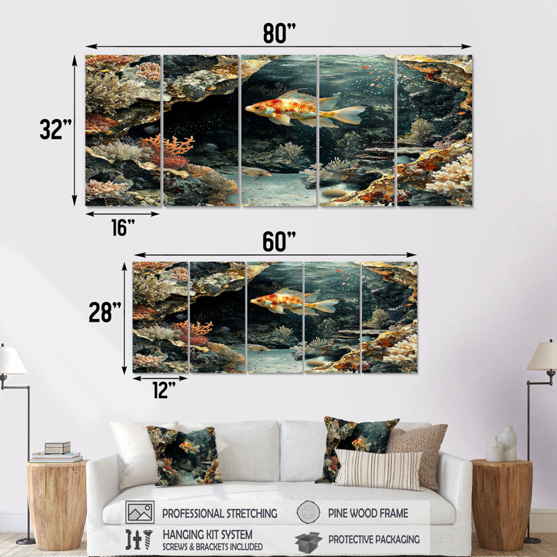 Attilia - art mural corail - décoration murale moderne, H 28 po x l 60 po, 5