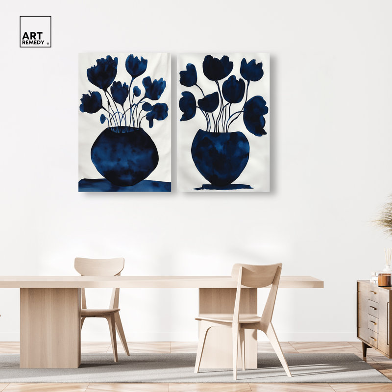 Ensemble de décorations murales à motif floral sur toile, collection Deep Indigo, par Art Remedy, 30 x 45, 45"H x 30"W