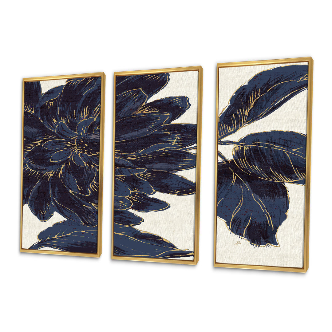 " Indigo Gold Metallic Flower " 3 - Pieces Red Barrel Studio® Frame