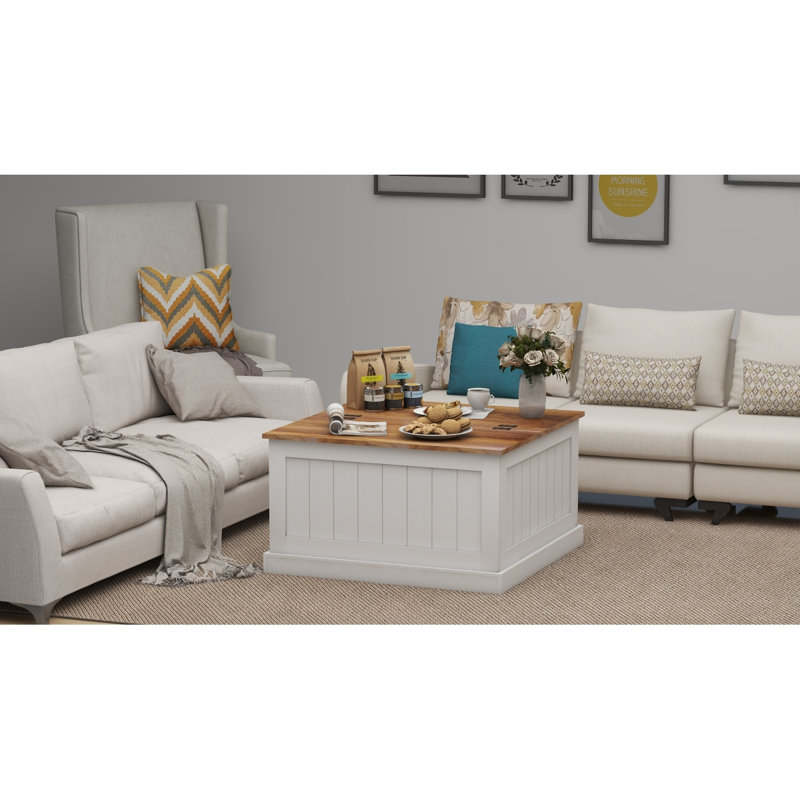 Table basse 31,5 "Farmhouse, table centrale carrée en bois avec plateau relevable à charnières, table de cocktail rustique avec grand rangement dissimulé pour le salon - blanc