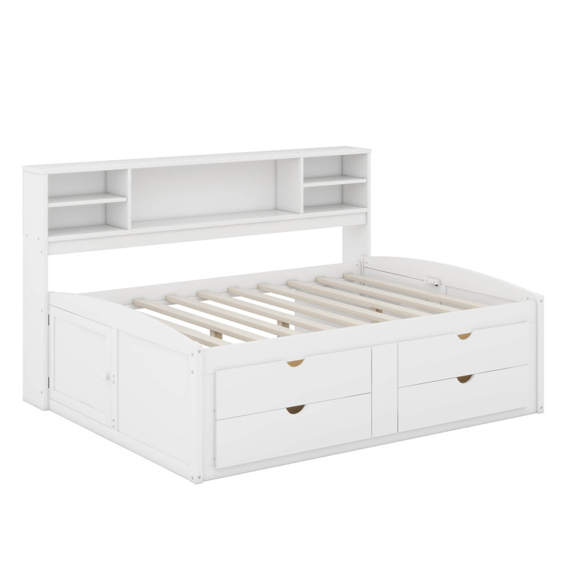 Full Wood Daybed With 2 Bedside Cabinets,Shelves And Drawers, White